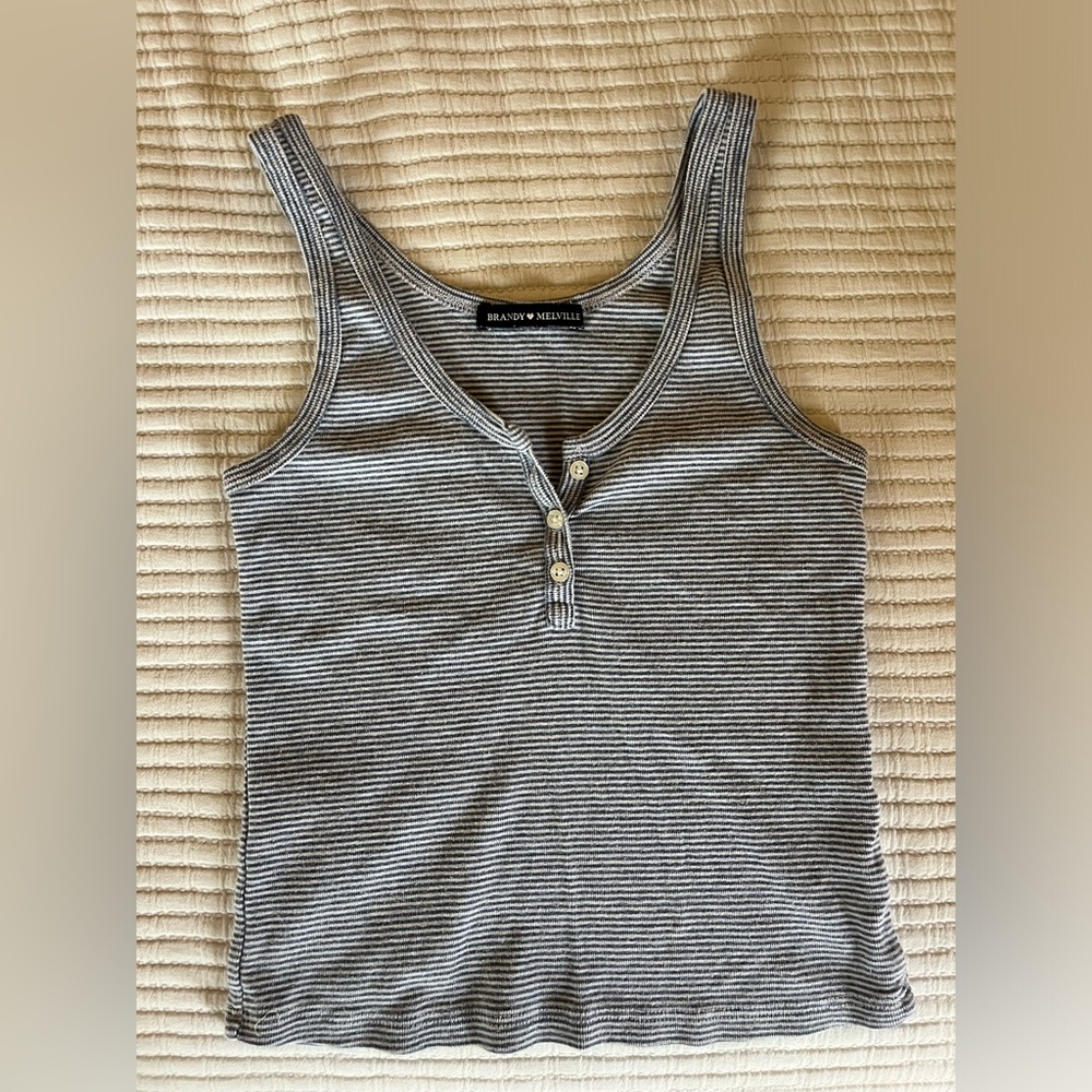 Brandy Melville Blue and White Striped Cropped Button Tank Top